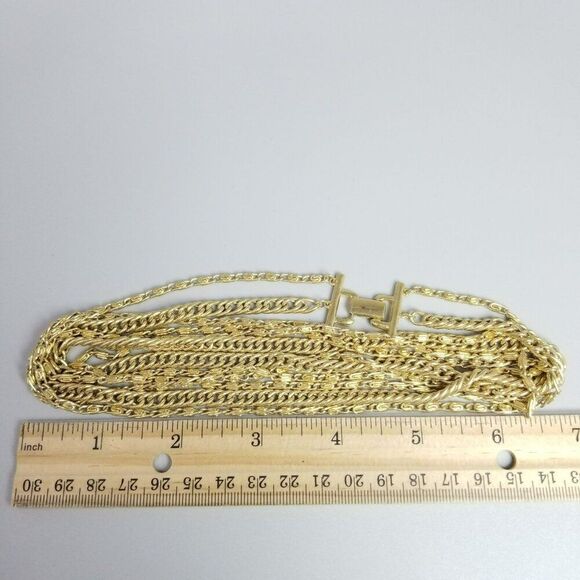 Vintage Three Strand Gold Tone Long Chain Necklace, Snail Links, 24 Inches Long - Picture 4 of 6